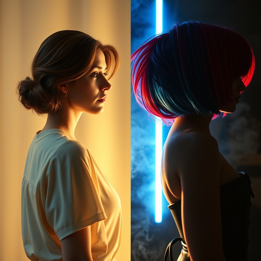 A vertical split image illustrating day and night