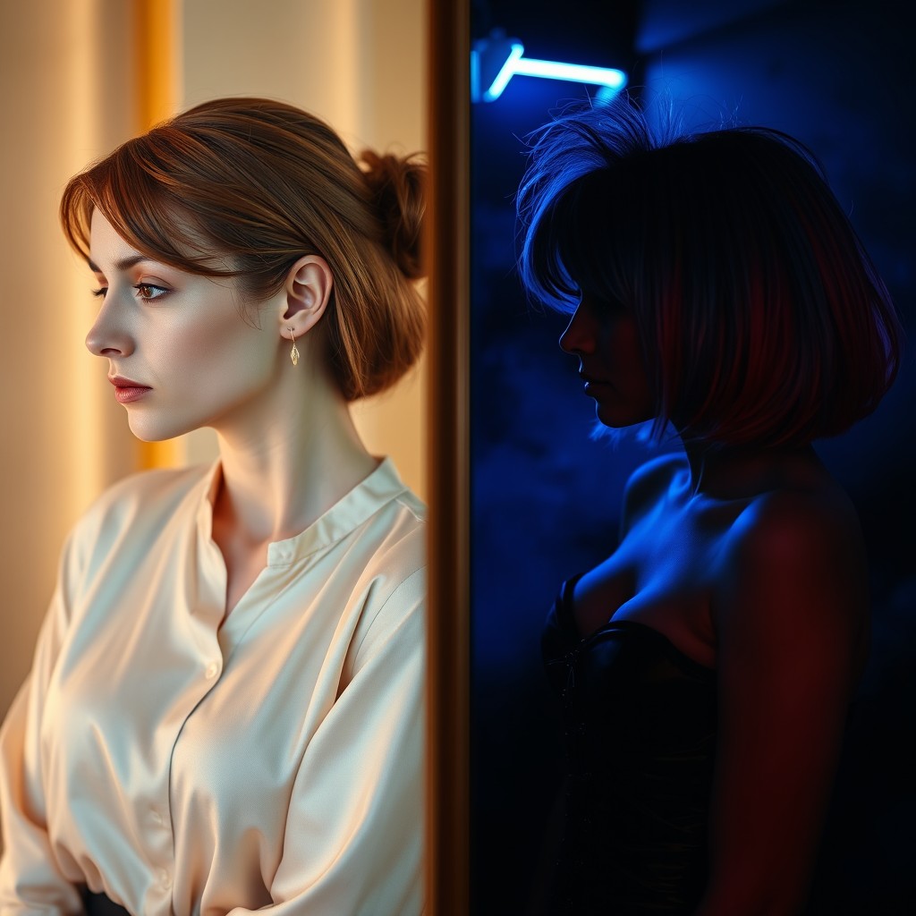 A vertical split image depicting the same woman seeing herself in a mirror reflection