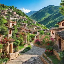 A quaint, peaceful village nestled amidst lush green hills under a clear blue sky, with small houses of diverse architectures, vibrant gardens, and cobblestone paths winding through.