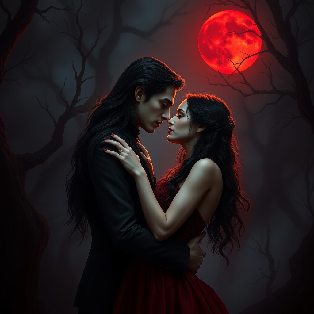 A semi-realistic gothic romance vampire couple locked in a romantic embrace in a dark, misty forest at night