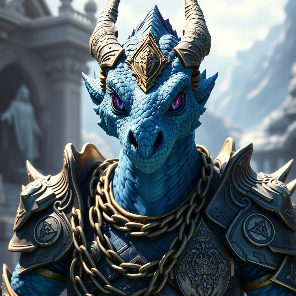 A blue chromatic dragonborn cleric wearing ornate chain armor that glistens in the light