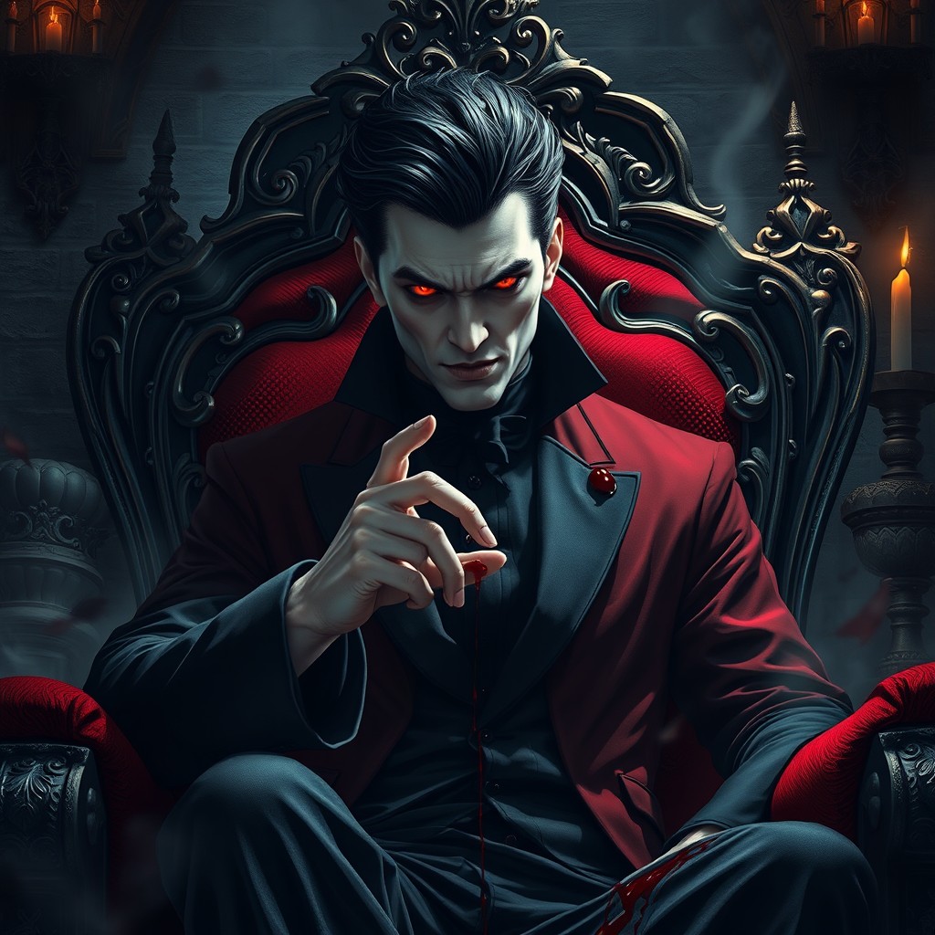 A powerful vampire king with jet-black hair styled elegantly, sitting regally on a majestic throne chair adorned with intricate carvings