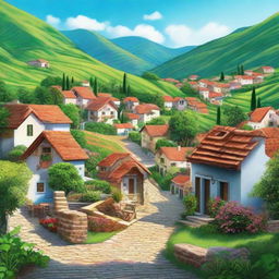 A quaint, peaceful village nestled amidst lush green hills under a clear blue sky, with small houses of diverse architectures, vibrant gardens, and cobblestone paths winding through.