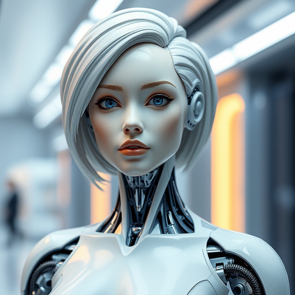 A hyper-realistic female android made of silicone, with an impeccable imitation of human skin texture and details