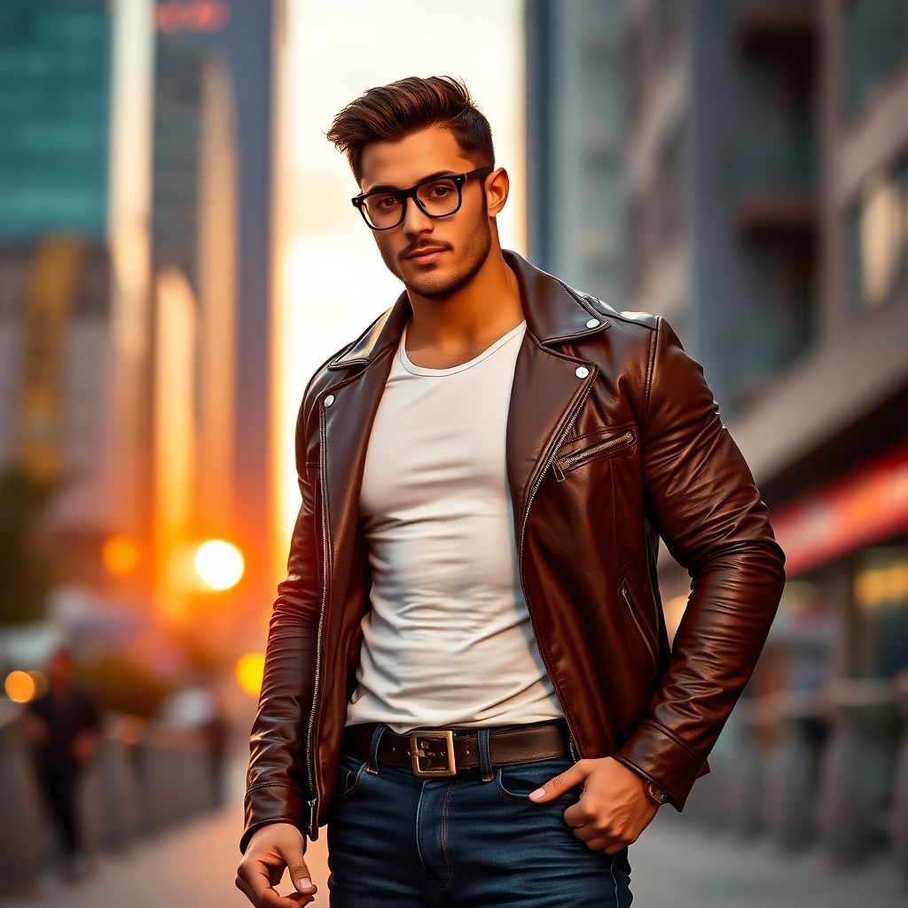 A handsome, athletic man with a muscular build, wearing stylish eyeglasses
