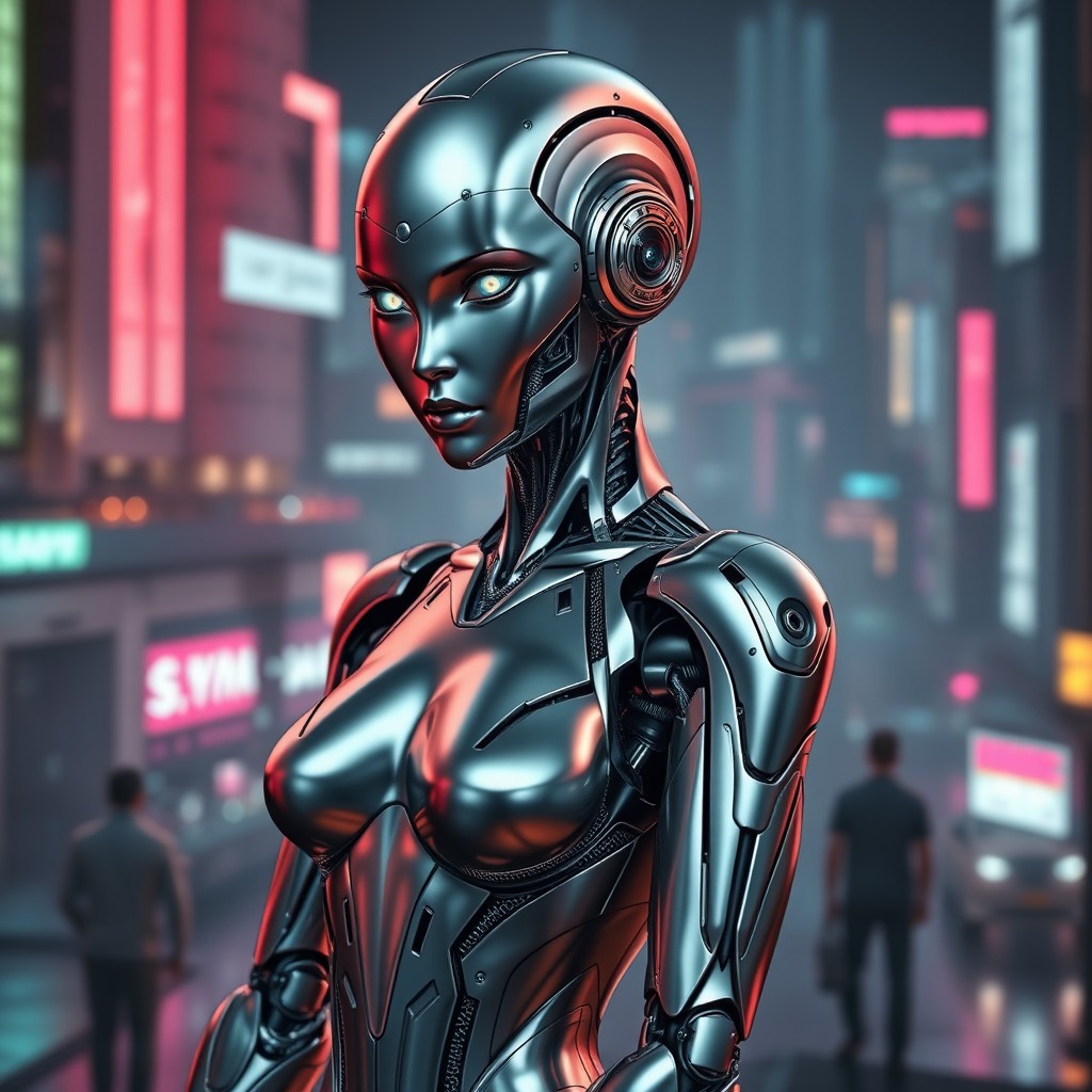 A striking futuristic metallic female android, elegantly designed with sleek, reflective surfaces that blend organic curves with sharp robotic elements