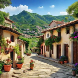 A quaint, peaceful village nestled amidst lush green hills under a clear blue sky, with small houses of diverse architectures, vibrant gardens, and cobblestone paths winding through.