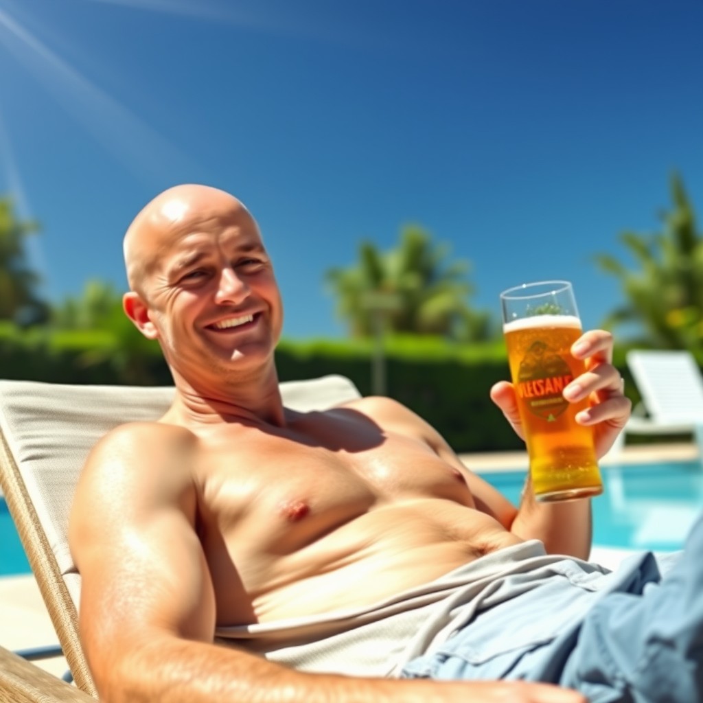 A bald man relaxing on a comfortable lounge chair in a sunny outdoor setting, holding a cold beer