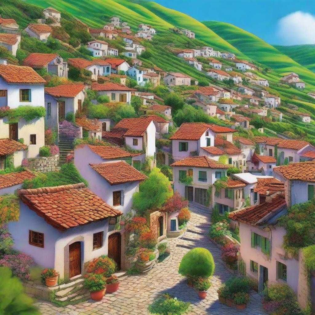 A quaint, peaceful village nestled amidst lush green hills under a clear blue sky, with small houses of diverse architectures, vibrant gardens, and cobblestone paths winding through.