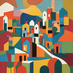 An abstract representation of a vibrant village, focusing on geometric shapes and bold colors to depict the layout, homes, greenery, and pathways.