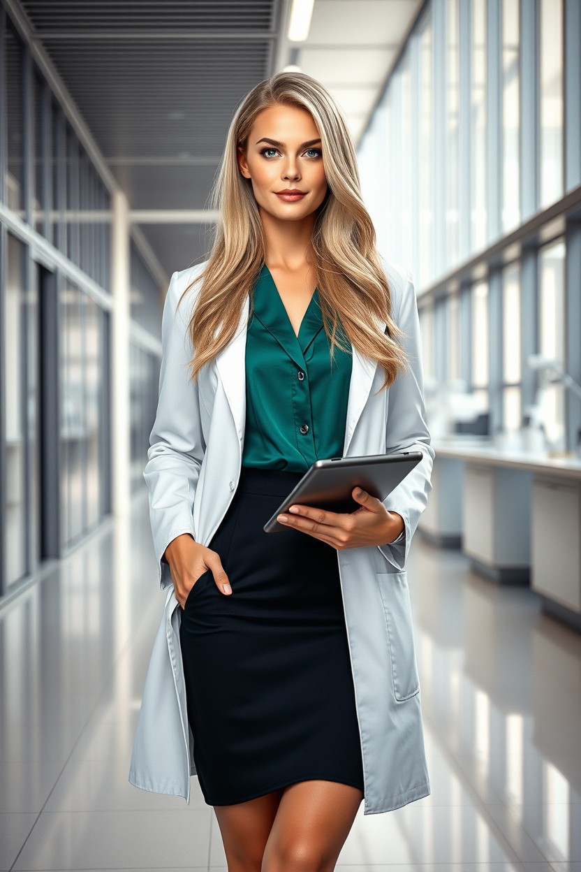 Ultra-realistic full-body cinematic portrait of an elegant and alluring woman, age 28, standing inside a modern academy research hall