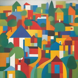 An abstract representation of a vibrant village, focusing on geometric shapes and bold colors to depict the layout, homes, greenery, and pathways.