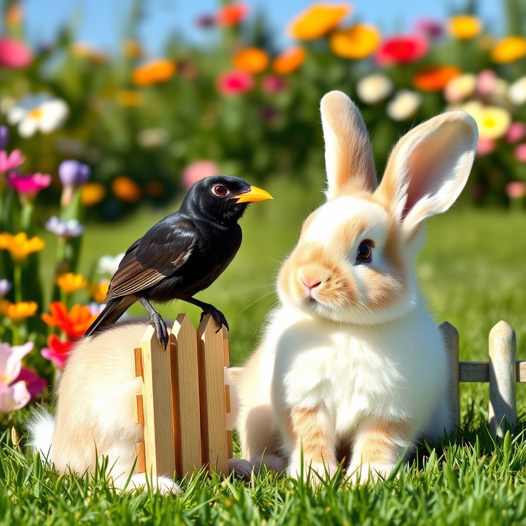 A cute and fluffy rabbit sitting beside a blackbird in a serene garden
