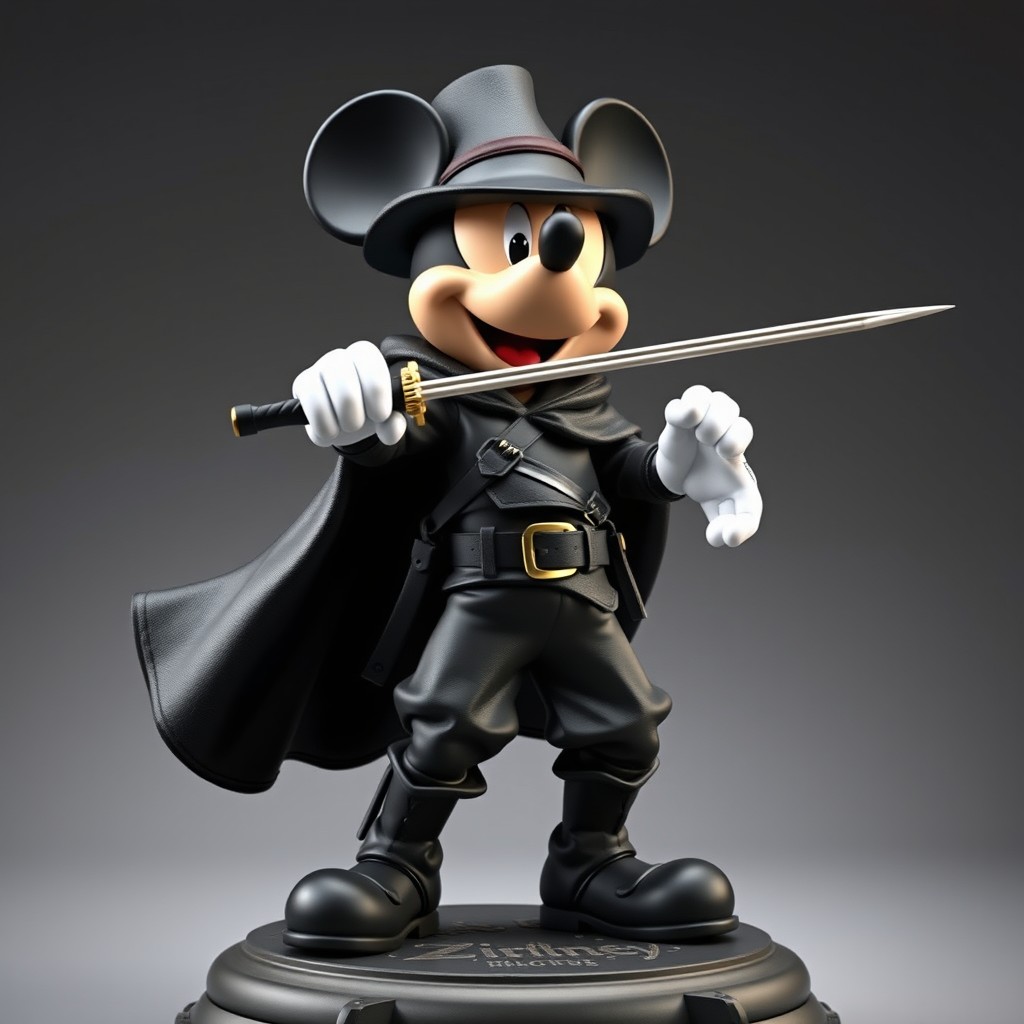 A full-body high-end 3D collectible statue of an unmistakably recognizable anthropomorphic mouse character, MICKEY MOUSE, dressed in the classic Zorro outfit