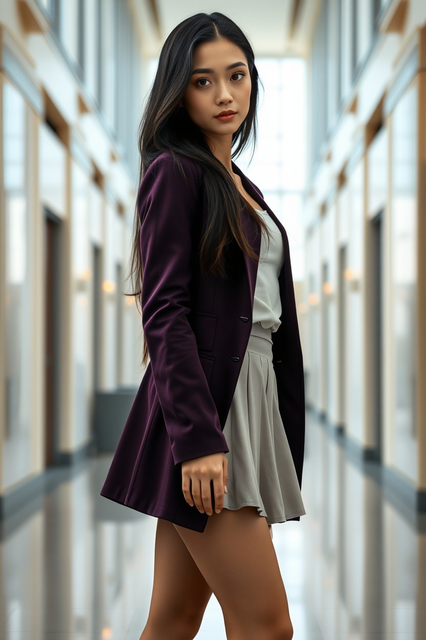 Ultra-realistic full-body cinematic portrait of an alluring young woman, 18 years old, standing inside the bright corridors of a prestigious academy