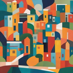 An abstract representation of a vibrant village, focusing on geometric shapes and bold colors to depict the layout, homes, greenery, and pathways.