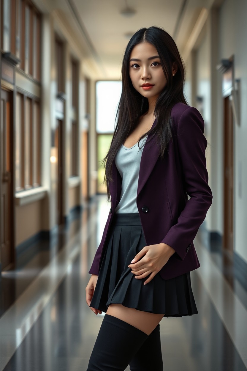 An ultra-realistic full-body cinematic portrait of an alluring young woman standing inside the bright corridors of a prestigious academy