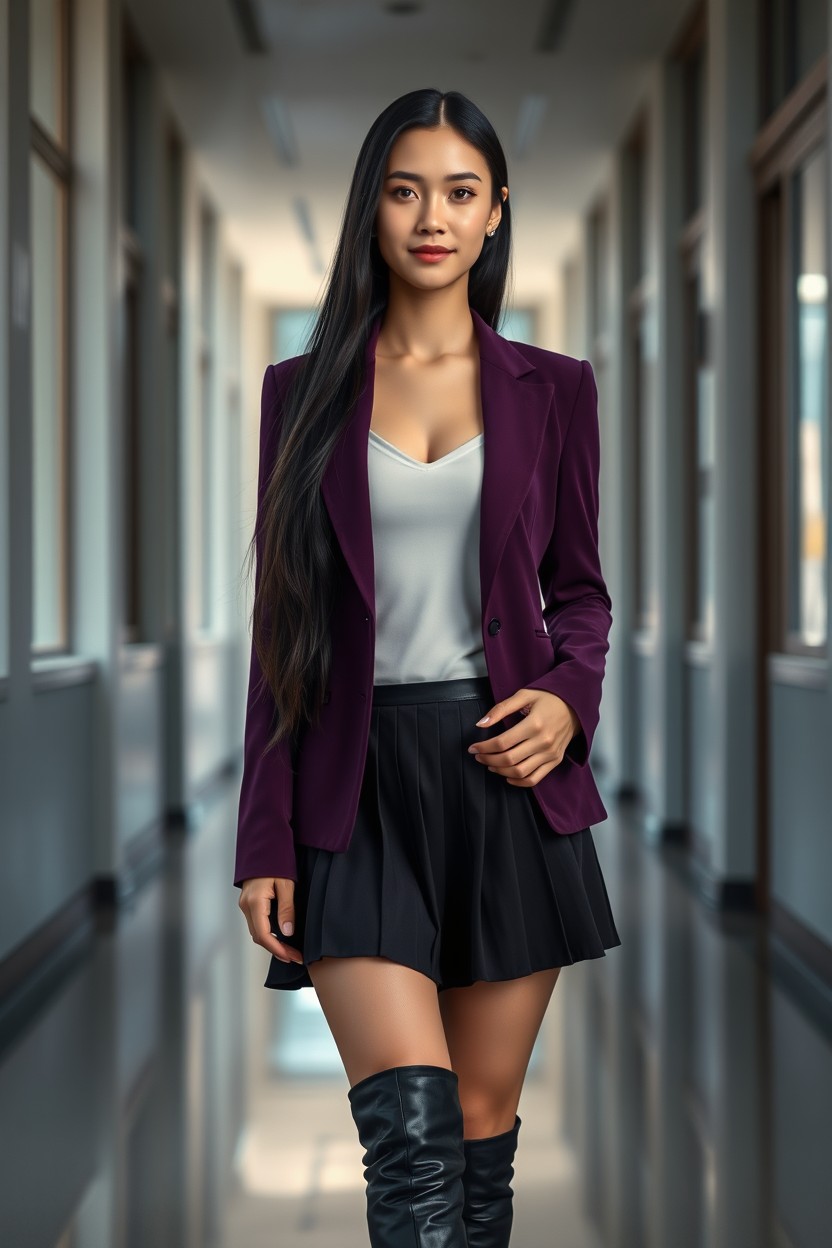 An ultra-realistic full-body cinematic portrait of an alluring young woman standing inside the bright corridors of a prestigious academy