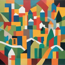 An abstract representation of a vibrant village, focusing on geometric shapes and bold colors to depict the layout, homes, greenery, and pathways.