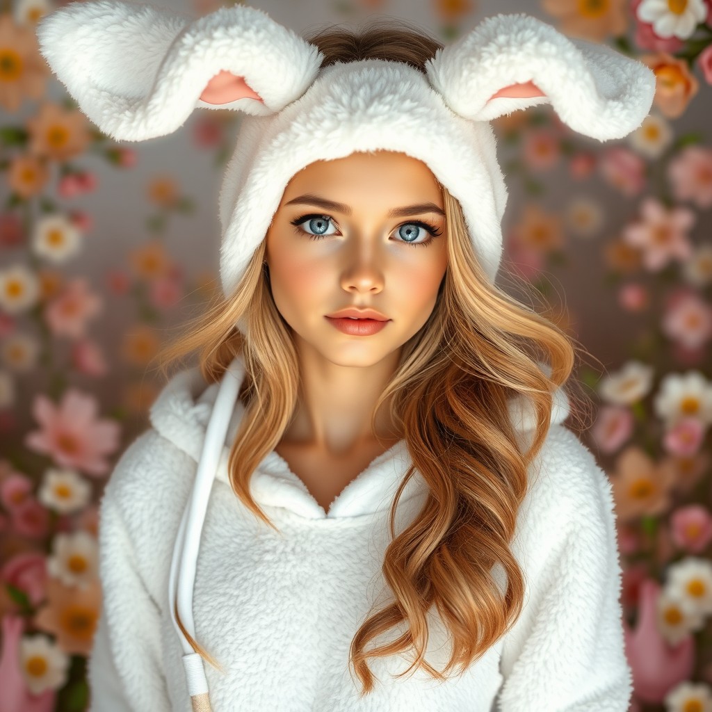 A young woman with captivating grey eyes and long, wavy dirty blonde hair, wearing a cute white bunny outfit