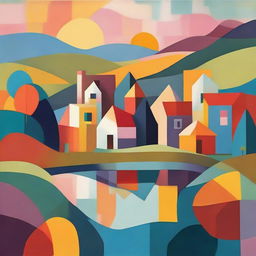 An abstract representation of a charming village, featuring geometric shapes and bold colors. The village is nestled beside a tranquil lake, under the breathtaking hues of a sunset.