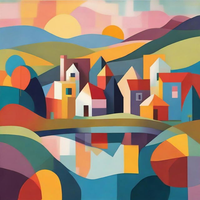 An abstract representation of a charming village, featuring geometric shapes and bold colors. The village is nestled beside a tranquil lake, under the breathtaking hues of a sunset.