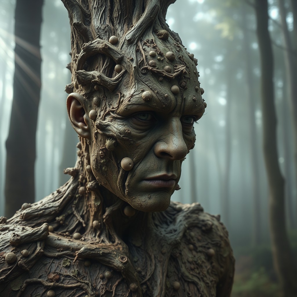 A surreal and vivid depiction of a human figure completely covered in warts, resembling a tree man's disease