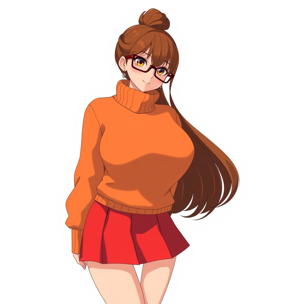 An anime adult woman with rich brown hair styled into a cute little bun atop her head