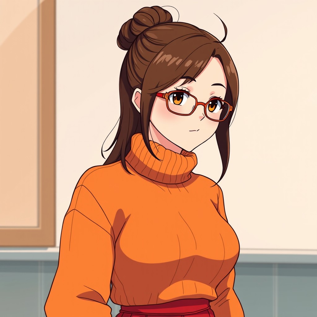 An anime adult woman with rich brown hair styled into a cute little bun atop her head