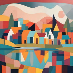 An abstract representation of a charming village, featuring geometric shapes and bold colors. The village is nestled beside a tranquil lake, under the breathtaking hues of a sunset.