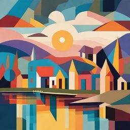 An abstract representation of a charming village, featuring geometric shapes and bold colors. The village is nestled beside a tranquil lake, under the breathtaking hues of a sunset.