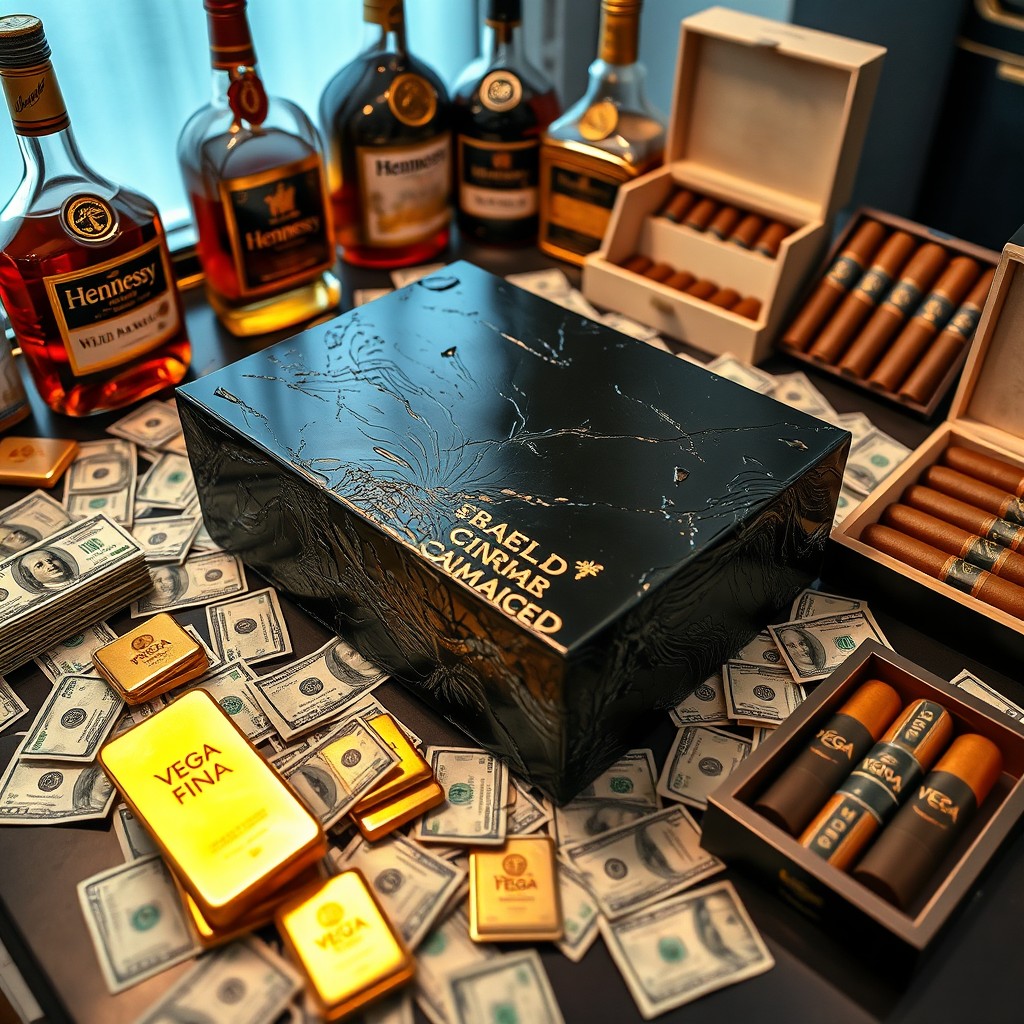 A thick, polished dark black cannabis resin rectangle placed prominently on a table, surrounded by scattered dollar bills
