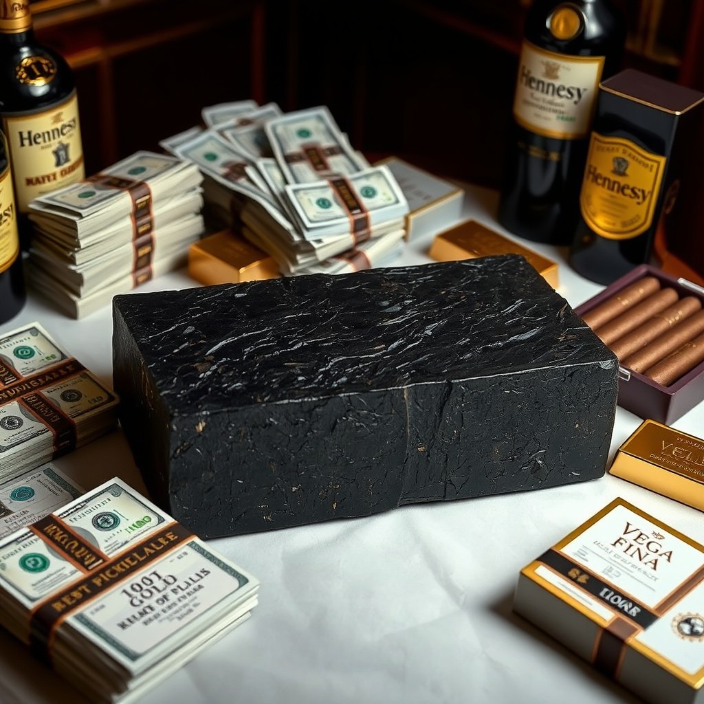 A thick, polished rectangle of dark black cannabis resin placed on a table, surrounded by bundles of dollar bills, Hennessy bottles, large rectangular gold bars, and open square boxes of Vega Fina cigars