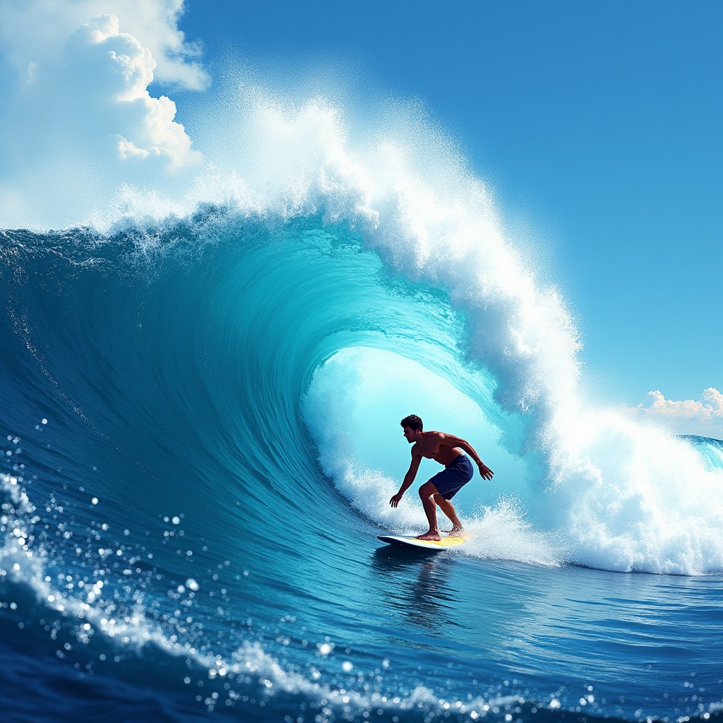 A dynamic and thrilling illustration of a surfer expertly riding a massive wave, showcasing the power and energy of ocean waves