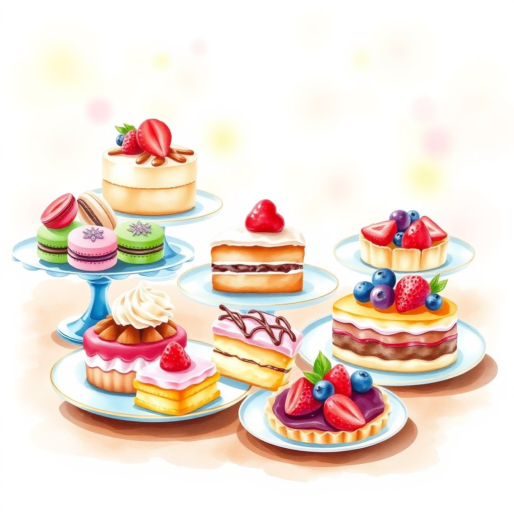 A vibrant and inviting watercolor painting featuring a beautiful dessert display for a bakery logo