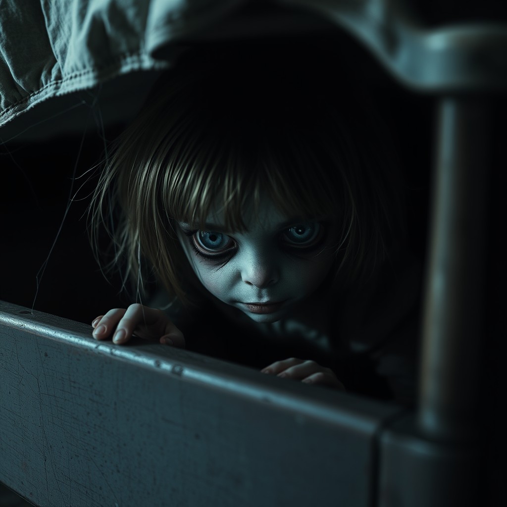 A creepy little girl creature with unsettlingly big, scary eyes peeking out from under a bed, the dimly lit room casting shadows that accentuate her features