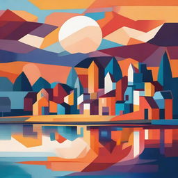 An abstract representation of a charming village, featuring geometric shapes and bold colors. The village is nestled beside a tranquil lake, under the breathtaking hues of a sunset.