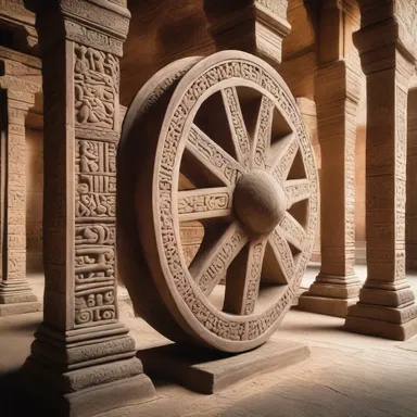 In the ancient temple, the massive stone wheel adorned with intricate carvings spun effortlessly on its axle, a symbol of eternity and the cyclical nature of existence.