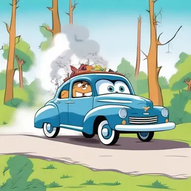 In the wacky world of cartoons, the mischievous character's car skidded to a halt, smoke billowing from the wheels. With a humorous twist, the axle spun loose and the wheels went rolling in opposite directions, sending the character on a wild and unexpected ride.