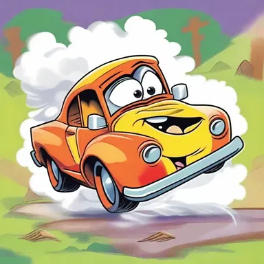 In the wacky world of cartoons, the mischievous character's car skidded to a halt, smoke billowing from the wheels. With a humorous twist, the axle spun loose and the wheels went rolling in opposite directions, sending the character on a wild and unexpected ride.