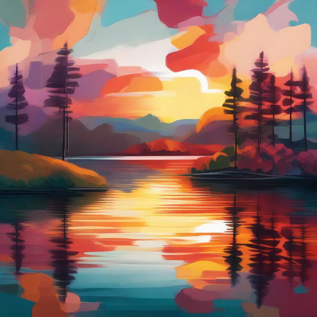 An abstract interpretation of nature, showing a tranquil lake at sunset. Use vibrant, bold colors to depict the setting sun's reflections on the water, surrounding foliage, and the dusky sky.