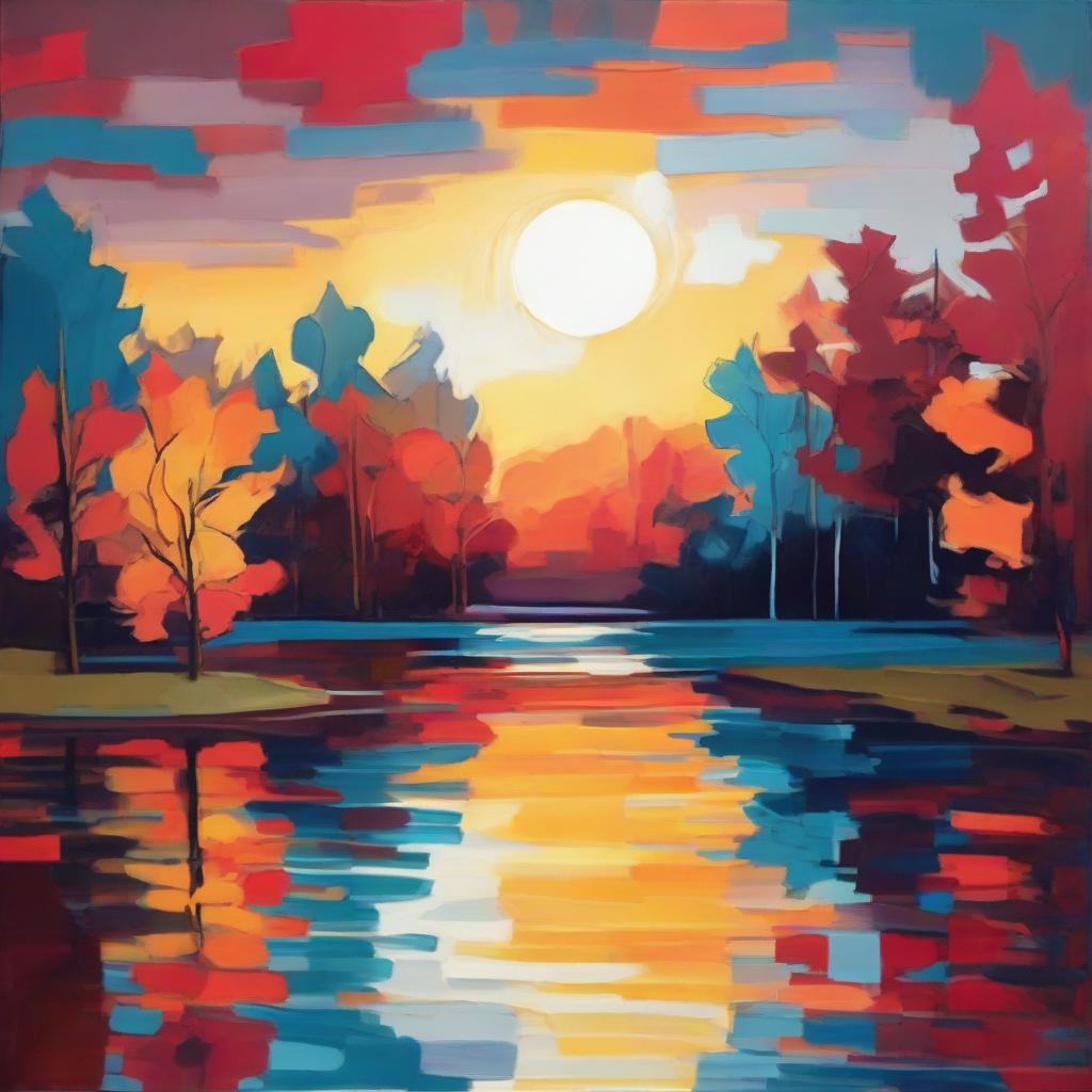 An abstract interpretation of nature, showing a tranquil lake at sunset. Use vibrant, bold colors to depict the setting sun's reflections on the water, surrounding foliage, and the dusky sky.