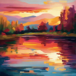 An abstract interpretation of nature, showing a tranquil lake at sunset. Use vibrant, bold colors to depict the setting sun's reflections on the water, surrounding foliage, and the dusky sky.