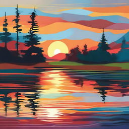 An abstract interpretation of nature, showing a tranquil lake at sunset. Use vibrant, bold colors to depict the setting sun's reflections on the water, surrounding foliage, and the dusky sky.