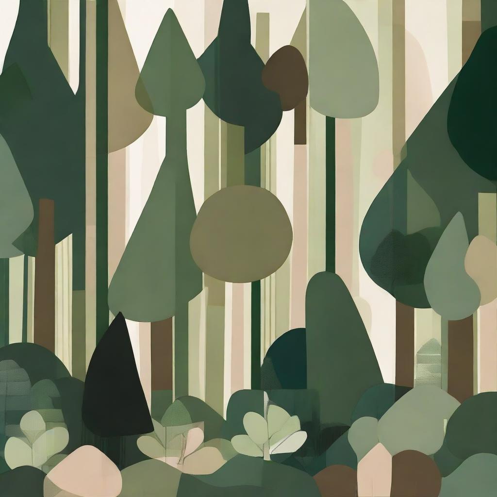 An abstract representation of a dense forest, using a palette of lush green and earthy tones. Focus on geometric shapes to portray the intricate layout and diversity of trees and vegetation.