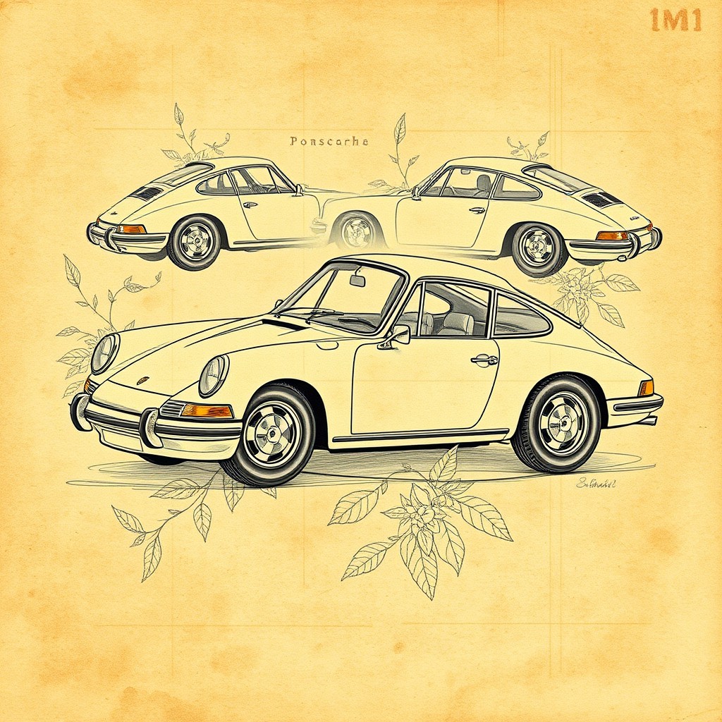 A classic Porsche 911 illustrated in the style of a Da Vinci drawing, featuring intricate line work and detailed sketches, showcasing the car from multiple angles