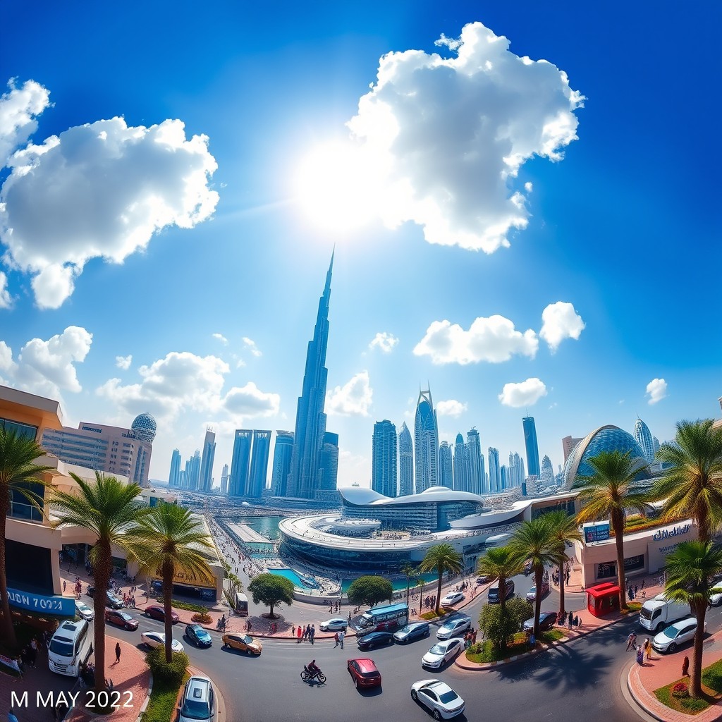 A stunning panoramic view of Dubai's skyline on May 12, 2023, showcasing iconic landmarks like the Burj Khalifa and the Dubai Marina