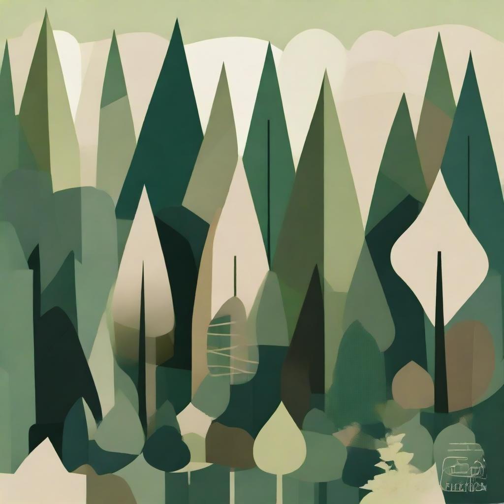 An abstract representation of a dense forest, using a palette of lush green and earthy tones. Focus on geometric shapes to portray the intricate layout and diversity of trees and vegetation.