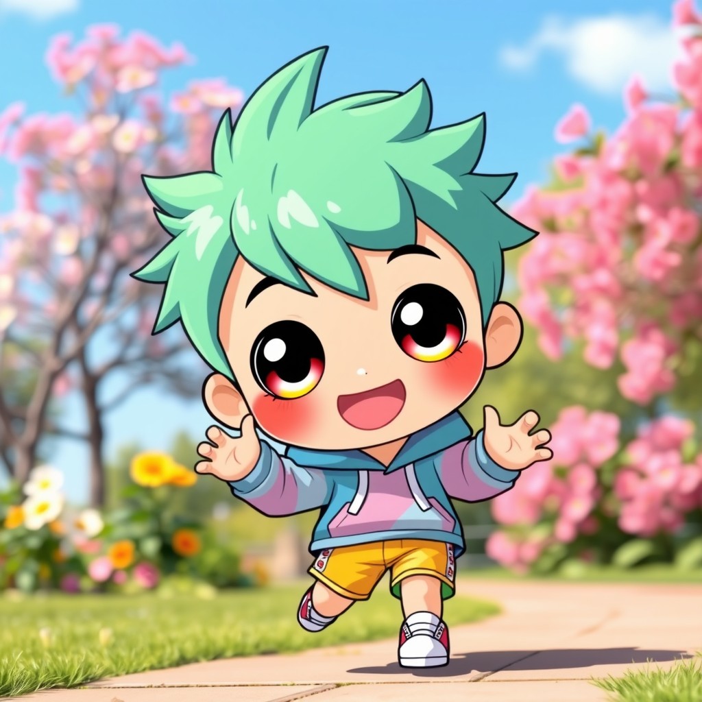 A chibi cute boy with oversized round eyes and a bright, cheerful smile