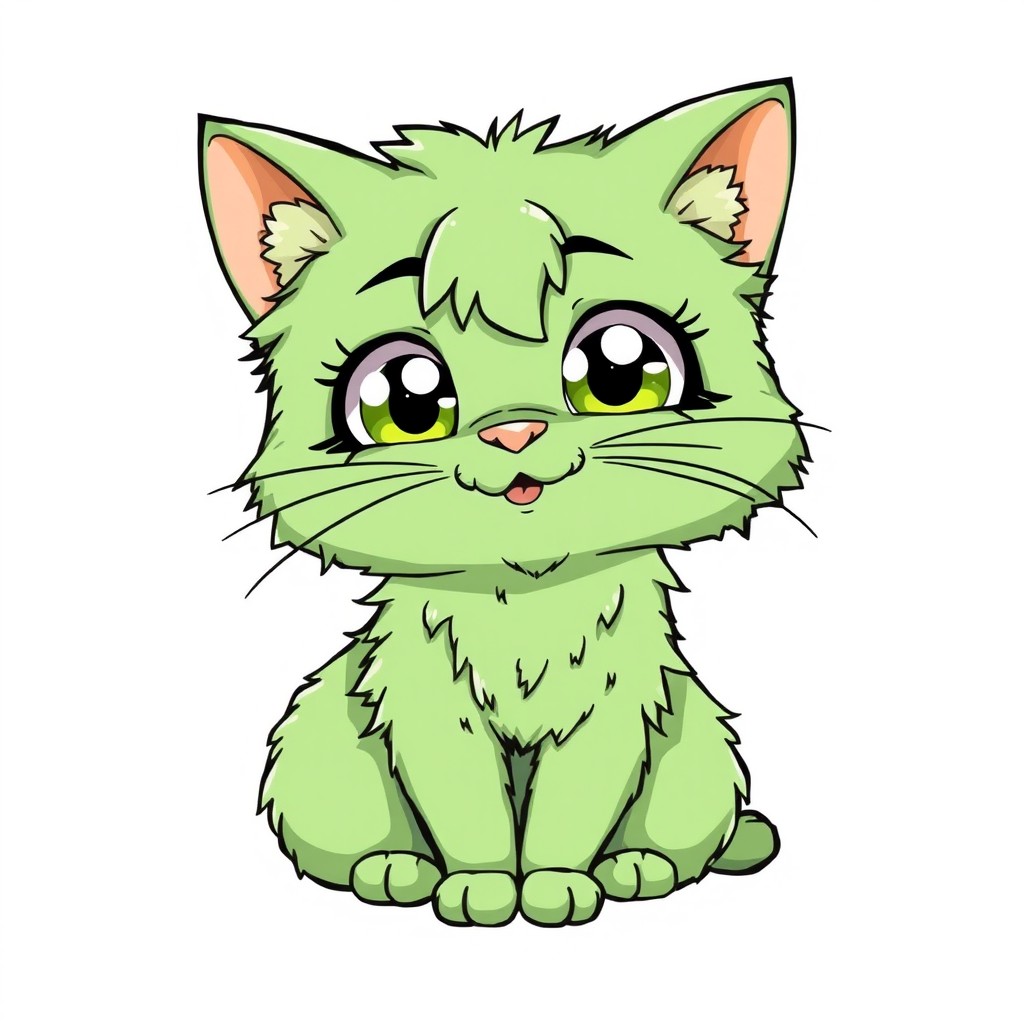 An anime style depiction of a whimsical green cat with large expressive eyes and a mischievous grin